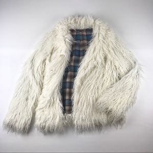 Free People Faux Fur White Coat Plaid Jacket Sz XS